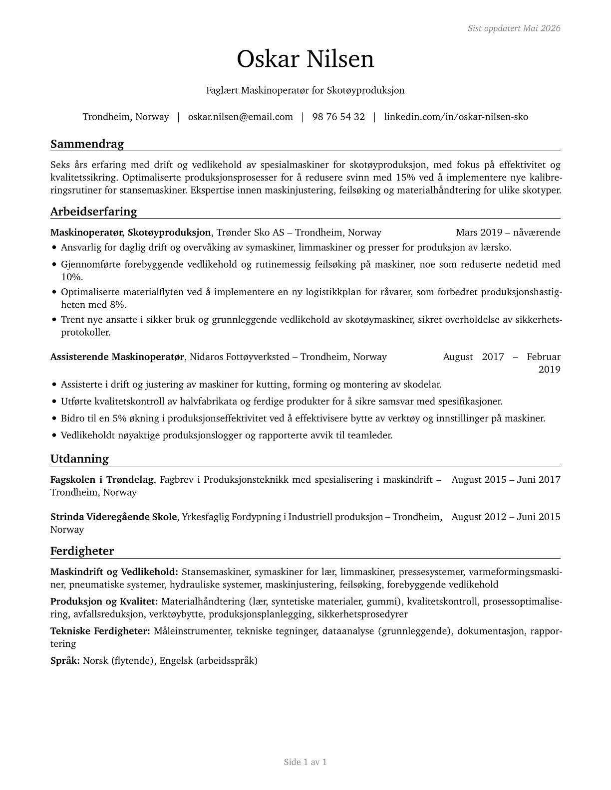 Shoe Machine Operators and Tenders CV in Norwegian_bokmal — page 1