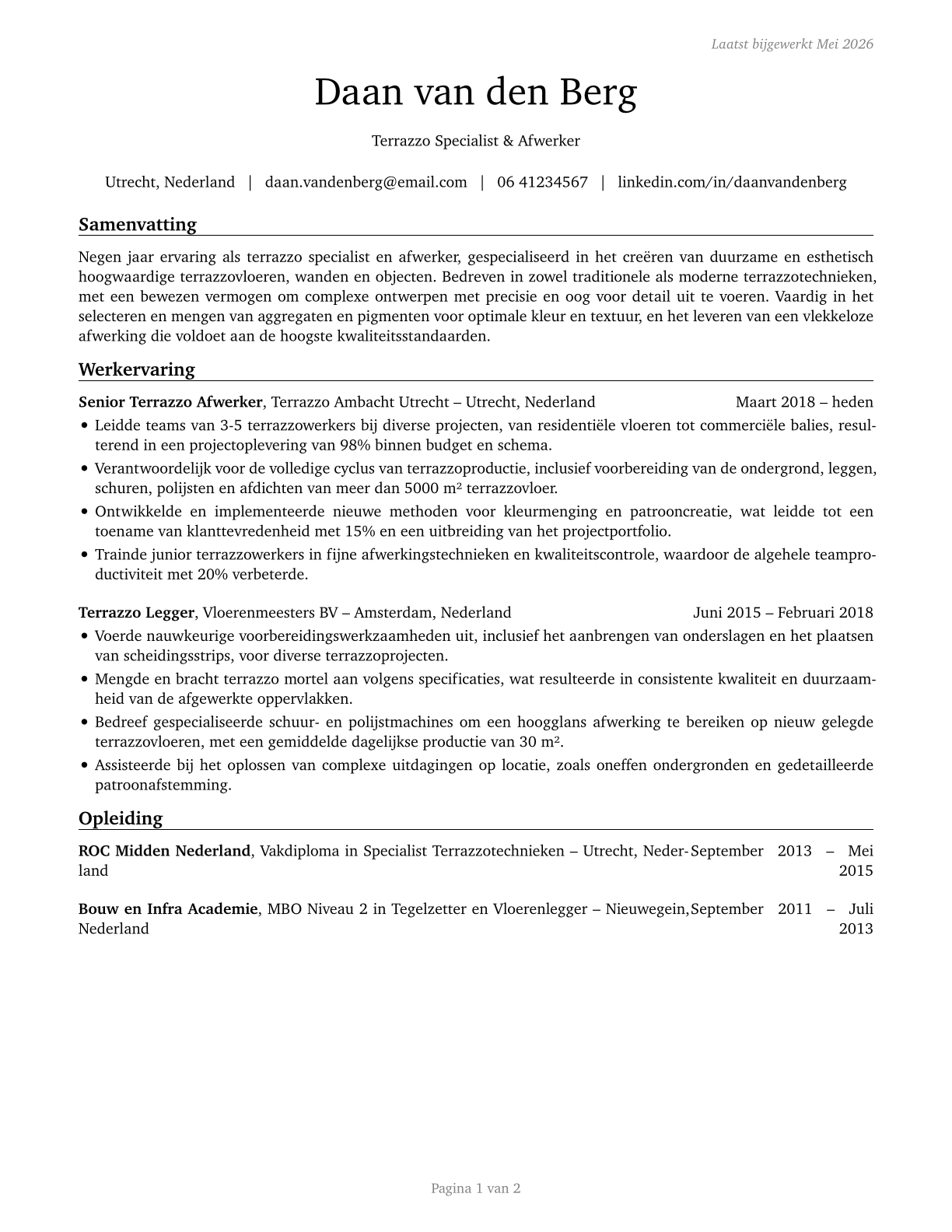 Terrazzo Workers and Finishers CV in Dutch — page 1
