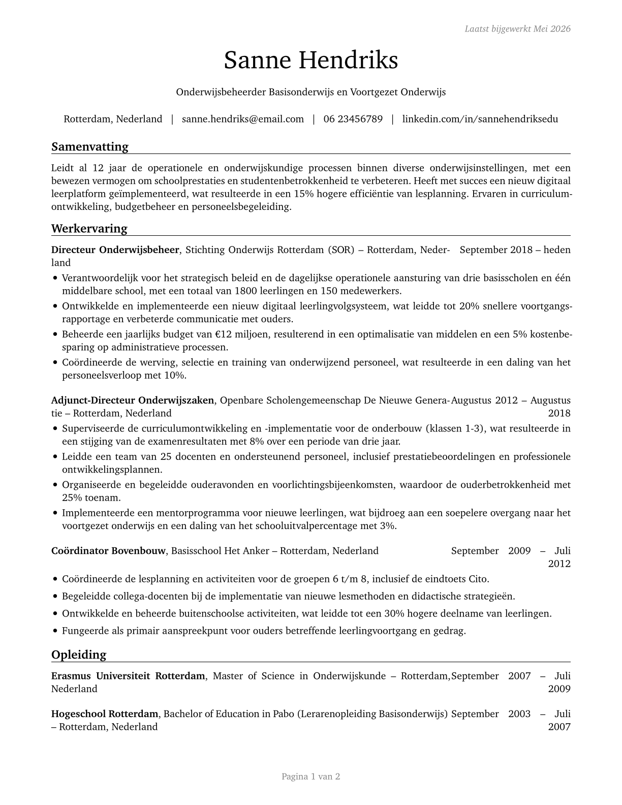 Education Administrators, Kindergarten through Secondary CV in Dutch — page 1