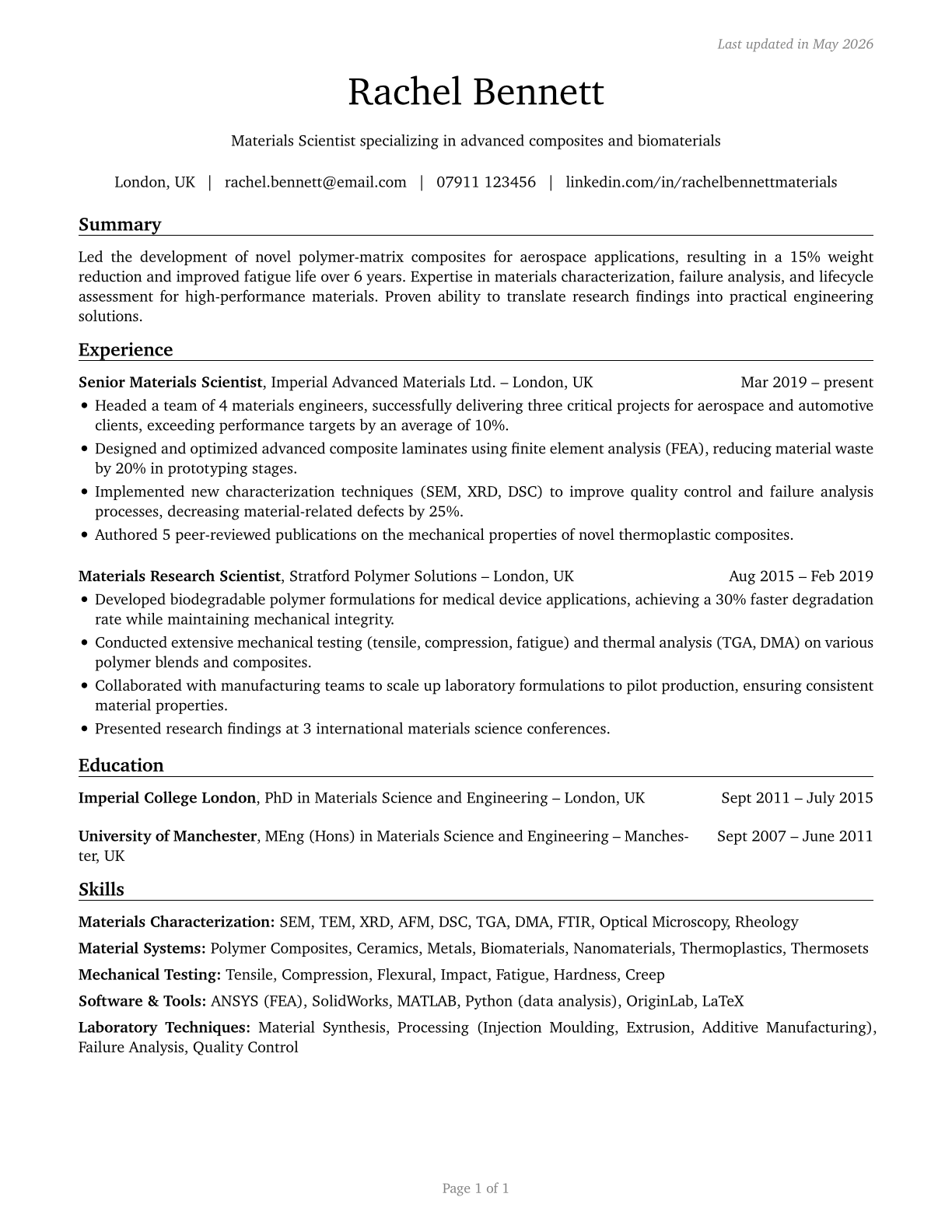 Materials Scientists CV in English — page 1