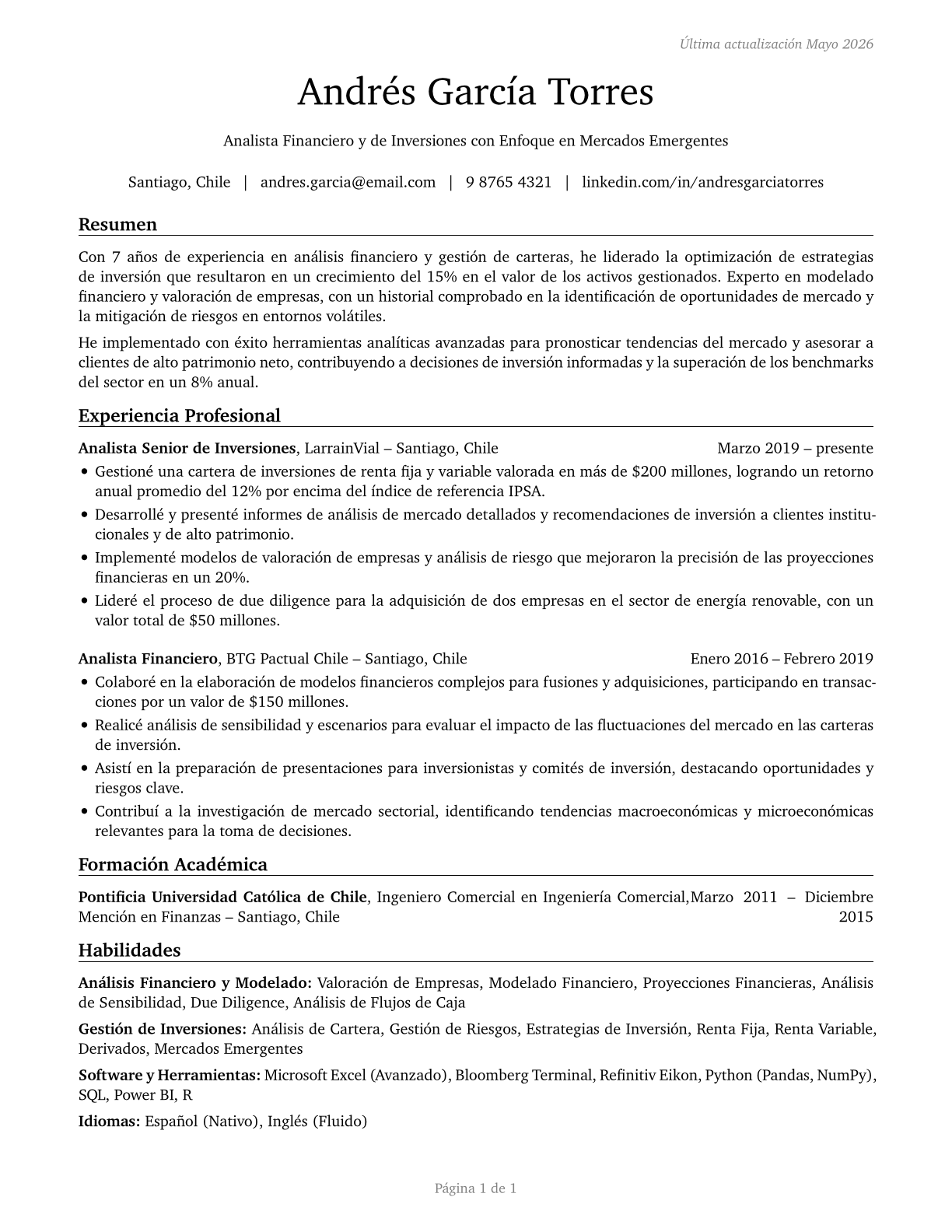 Financial and Investment Analysts CV in Spanish — page 1