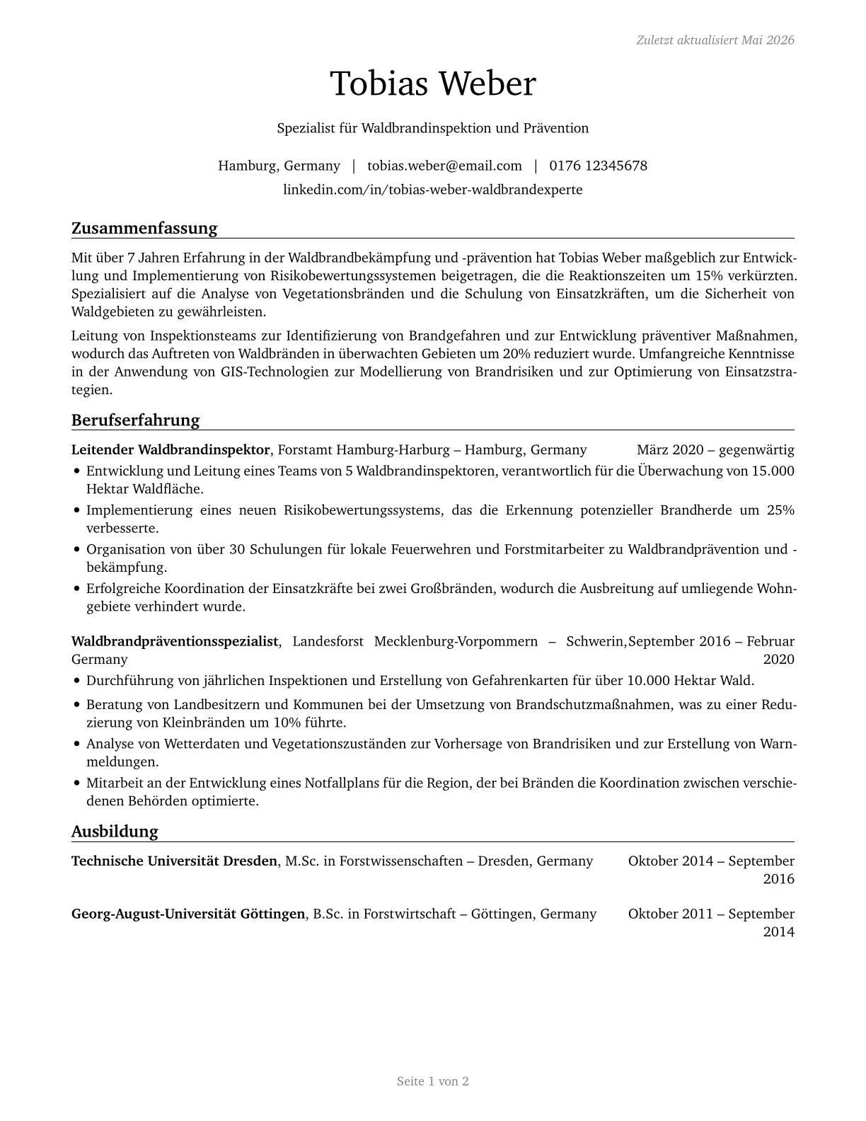 Forest Fire Inspectors and Prevention Specialists CV in German — page 1