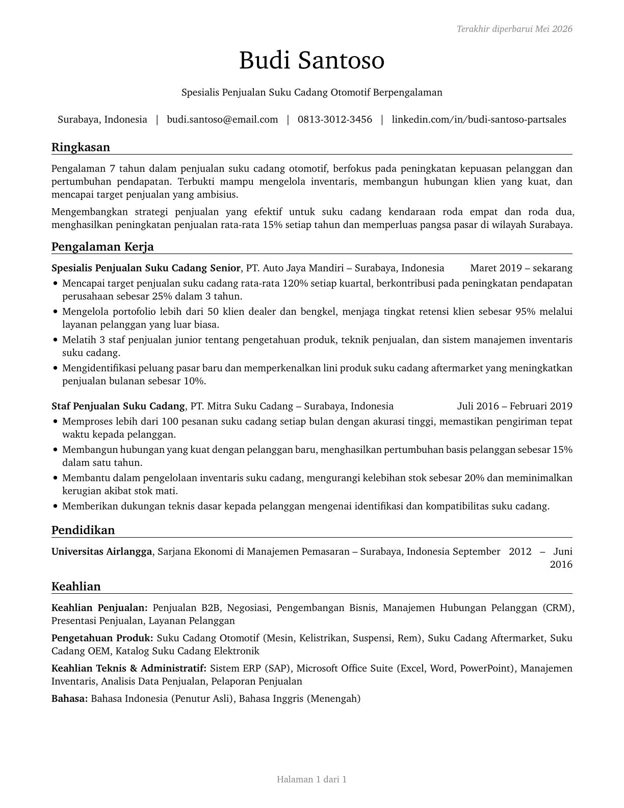 Parts Salespersons CV in Indonesian — page 1