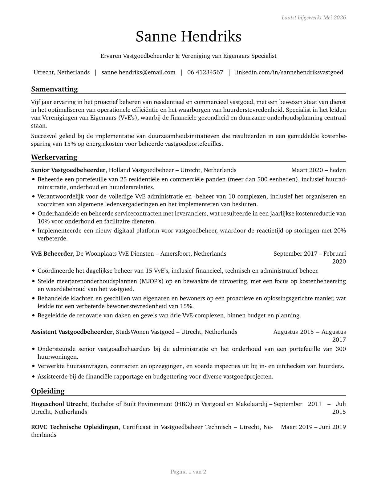 Property, Real Estate, and Community Association Managers CV in Dutch — page 1