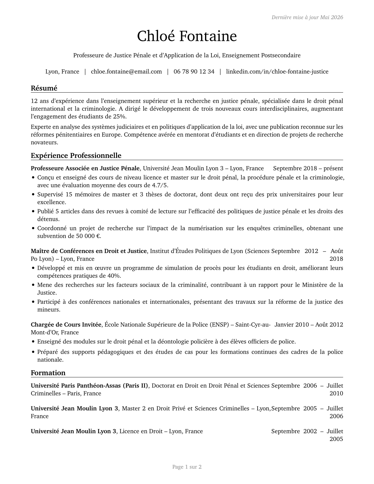 Criminal Justice and Law Enforcement Teachers, Postsecondary CV in French — page 1