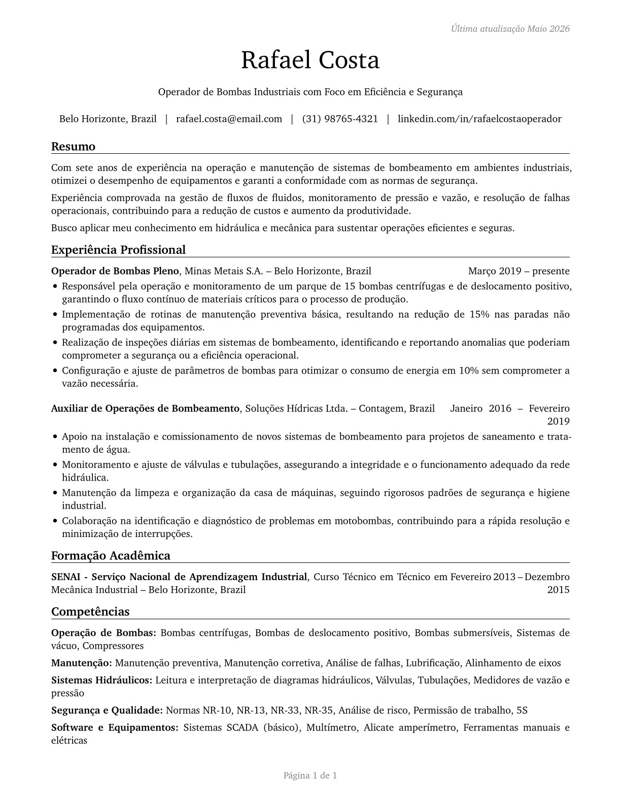 Pump Operators, Except Wellhead Pumpers CV in Portuguese — page 1