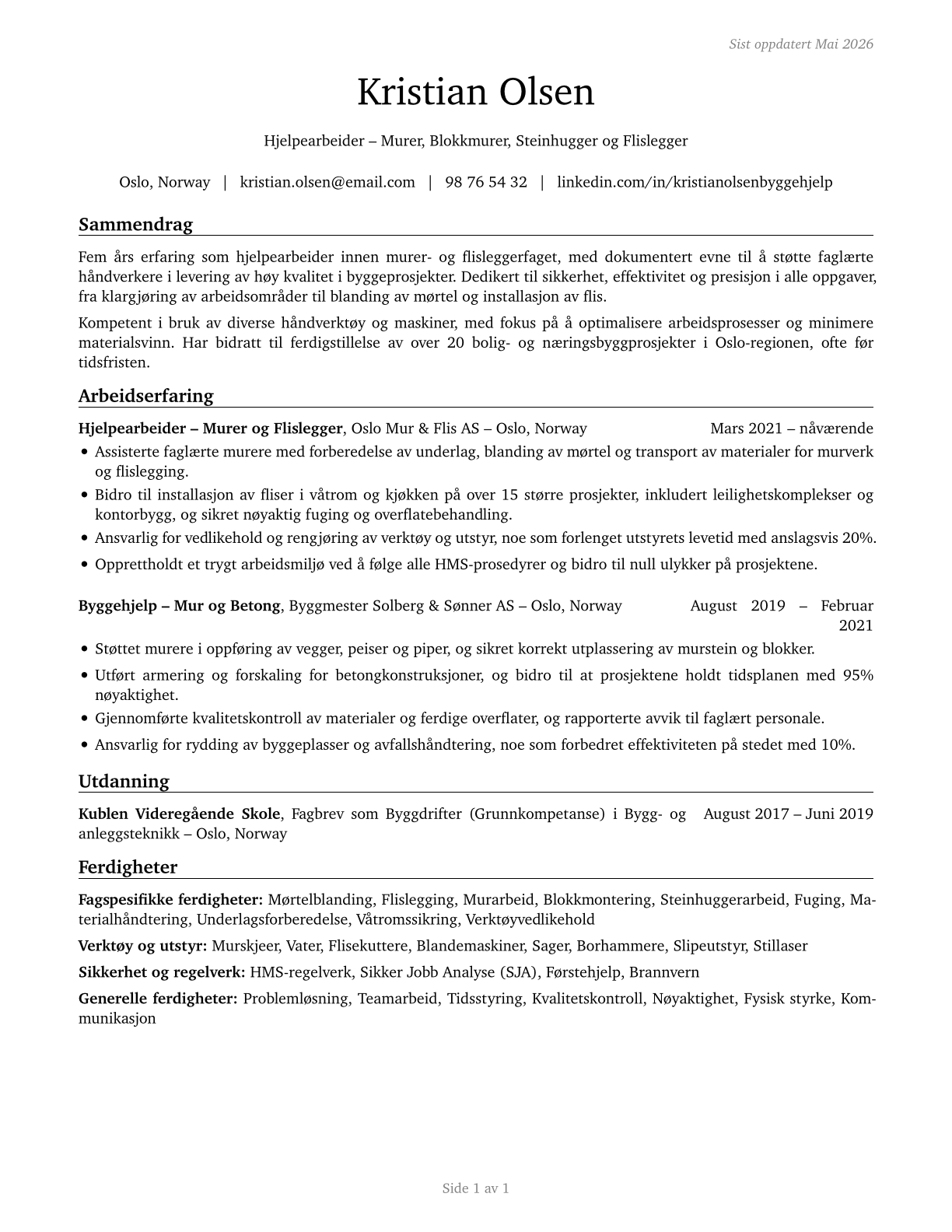 Helpers--Brickmasons, Blockmasons, Stonemasons, and Tile and Marble Setters CV in Norwegian_bokmal — page 1