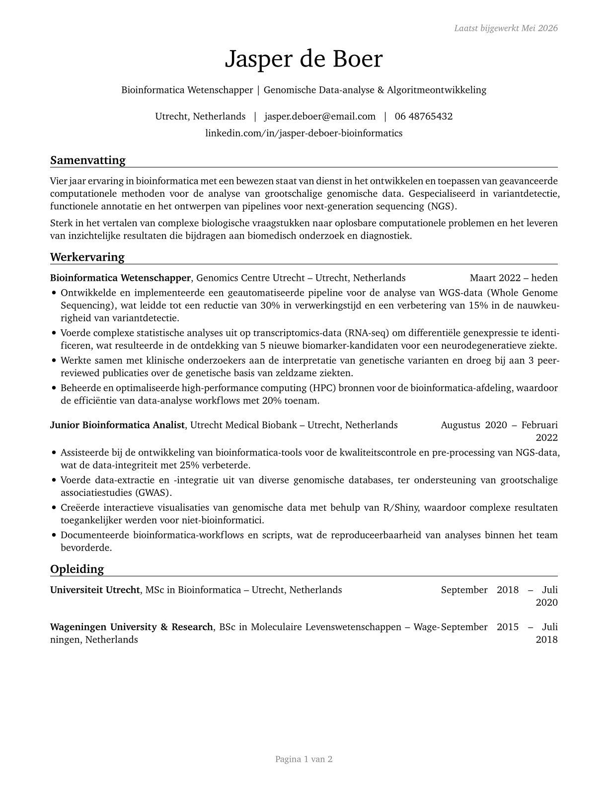 Bioinformatics Scientists CV in Dutch — page 1