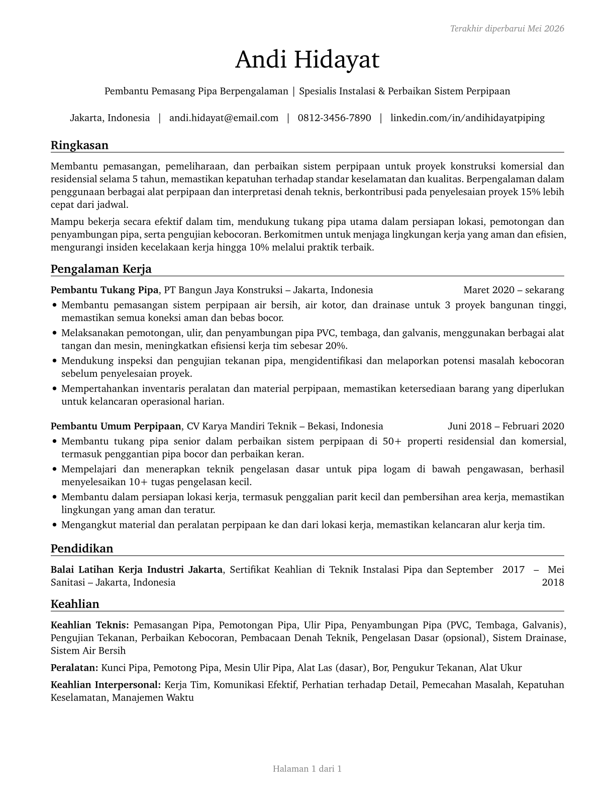 Helpers--Pipelayers, Plumbers, Pipefitters, and Steamfitters CV in Indonesian — page 1