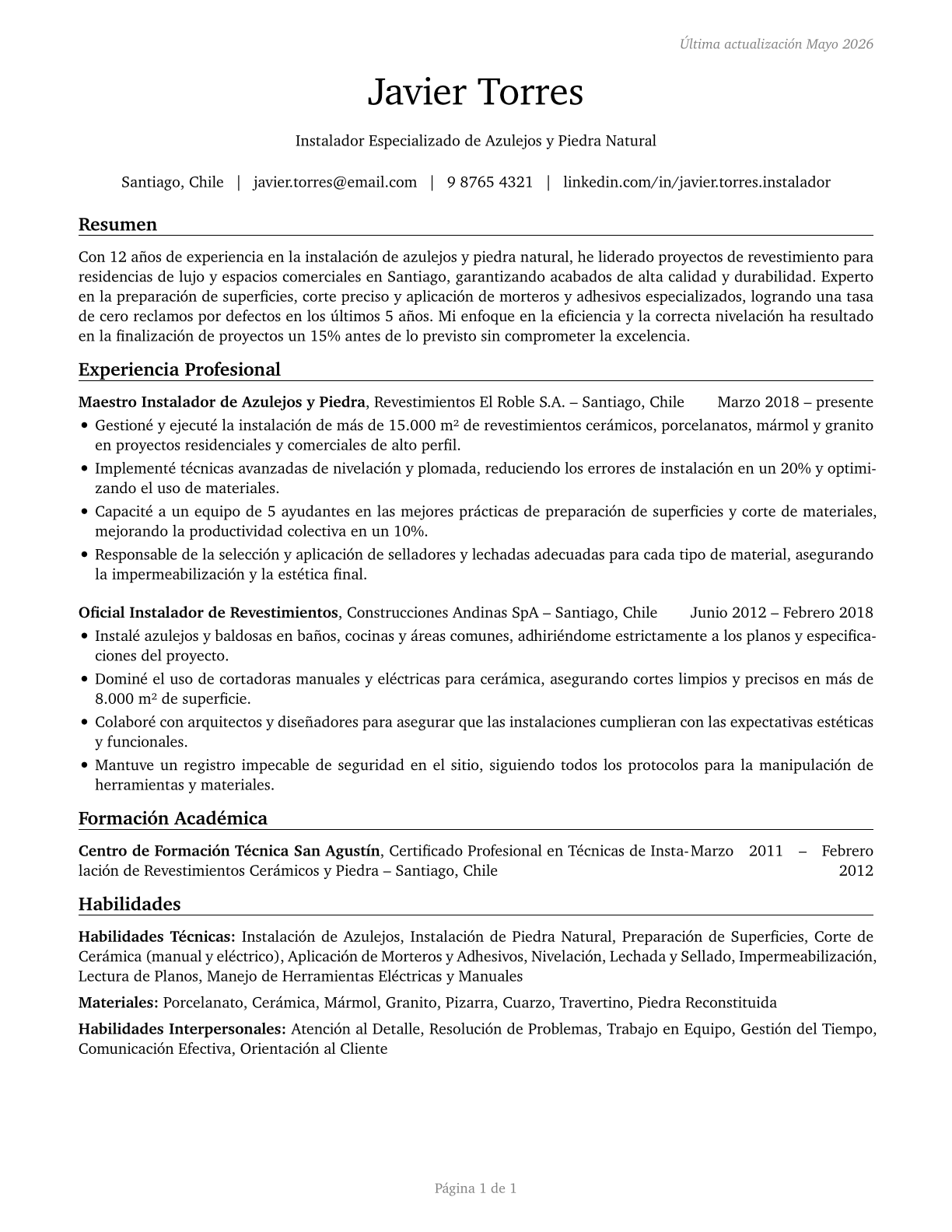 Tile and Stone Setters CV in Spanish — page 1