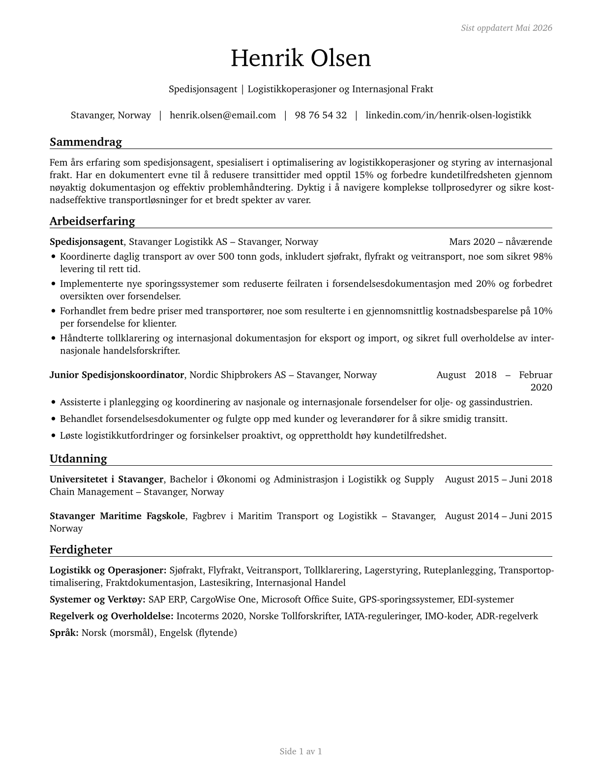 Cargo and Freight Agents CV in Norwegian_bokmal — page 1