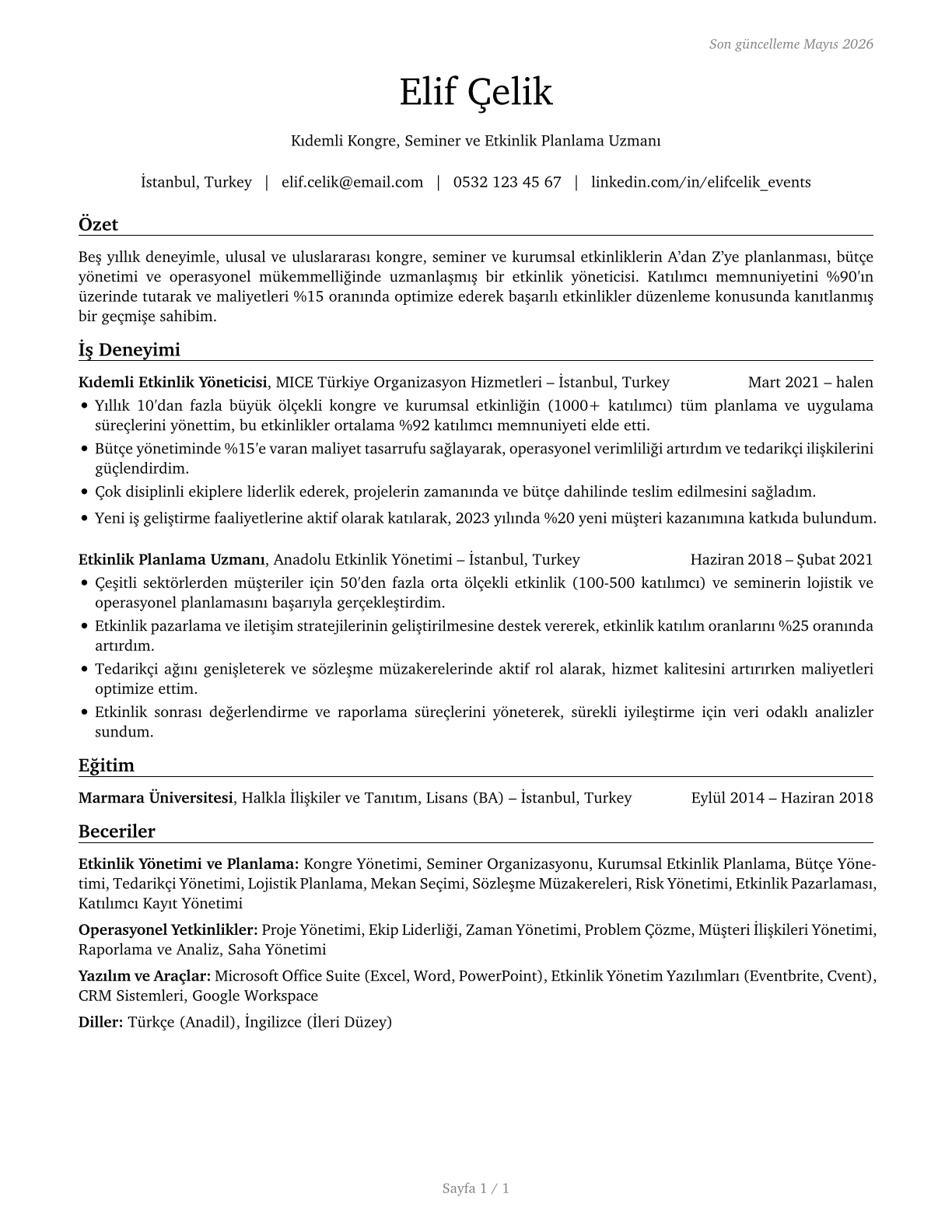 Meeting, Convention, and Event Planners CV in Turkish — page 1
