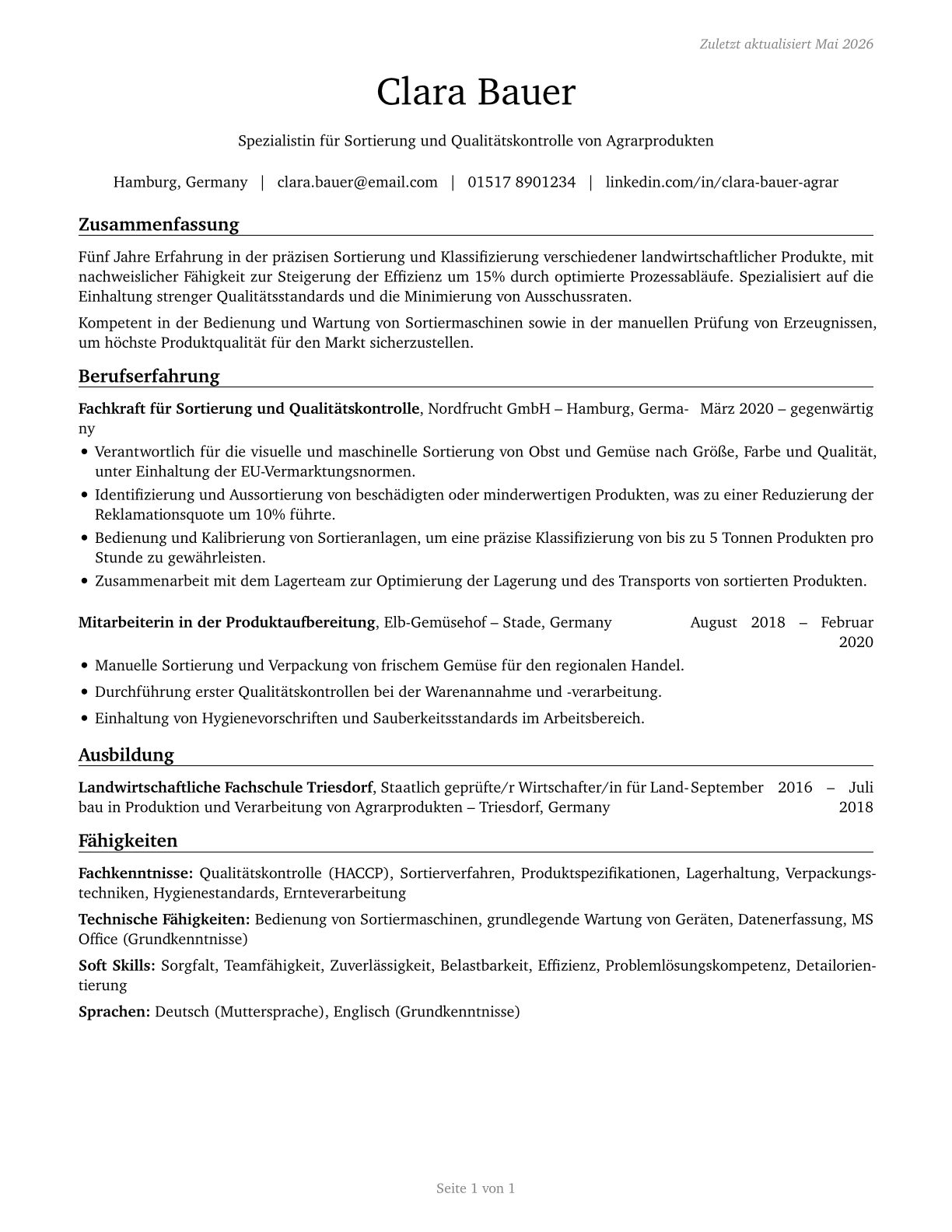 Graders and Sorters, Agricultural Products CV in German — page 1