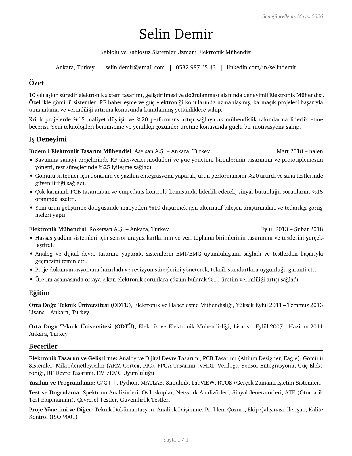 Electronics Engineers, Except Computer CV in Turkish — page 1