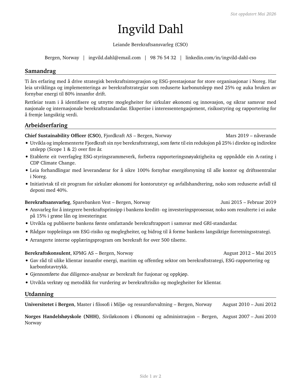 Chief Sustainability Officers CV in Norwegian_nynorsk — page 1