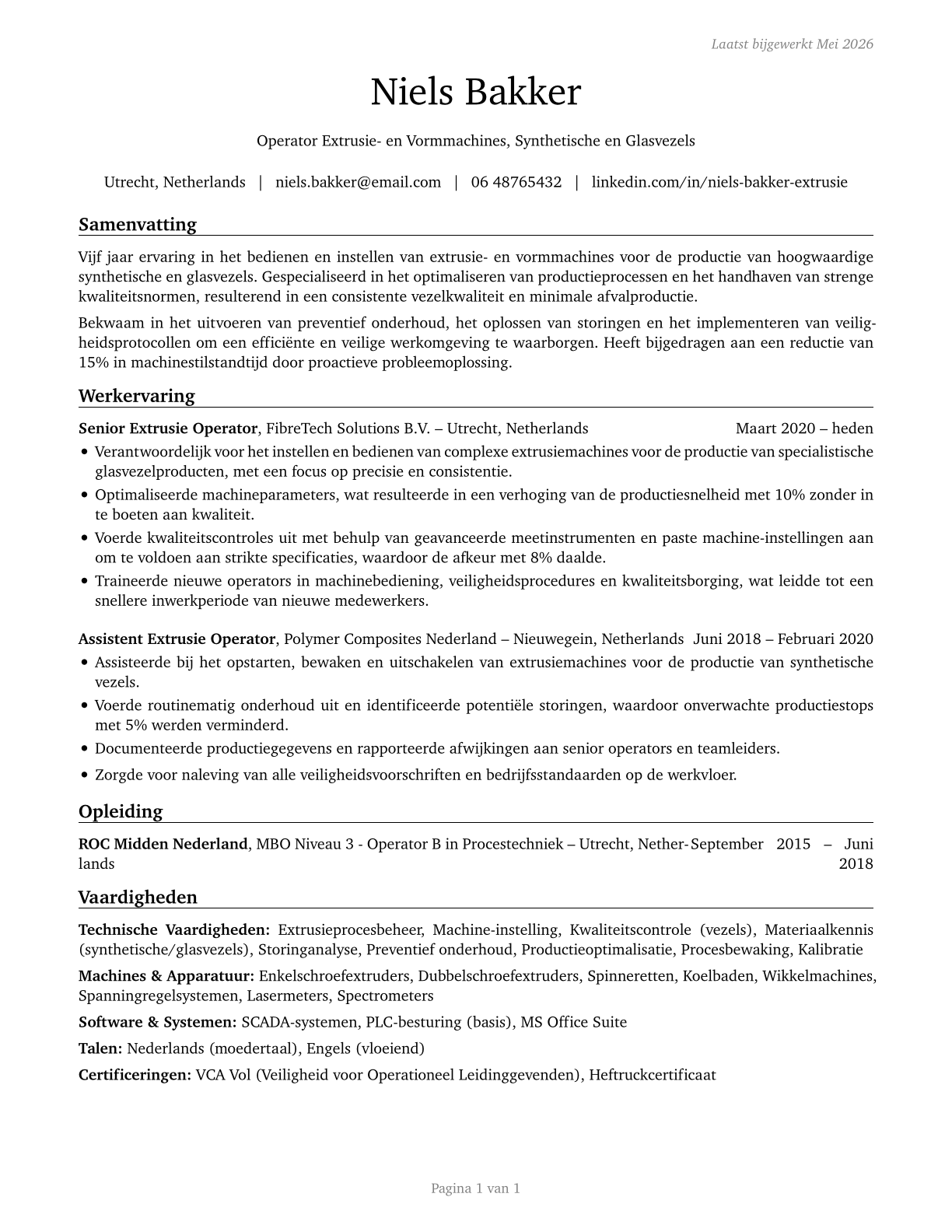 Extruding and Forming Machine Setters, Operators, and Tenders, Synthetic and Glass Fibers CV in Dutch — page 1