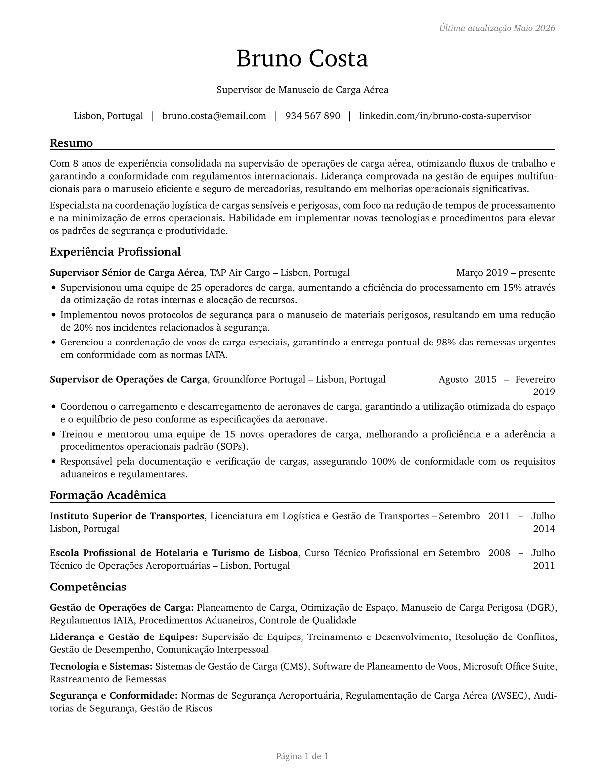 Aircraft Cargo Handling Supervisors CV in Portuguese — page 1