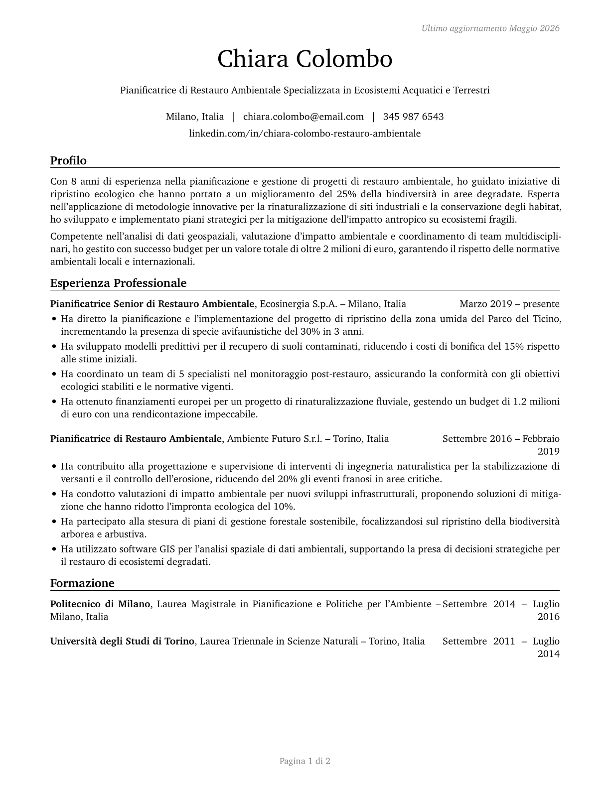 Environmental Restoration Planners CV in Italian — page 1
