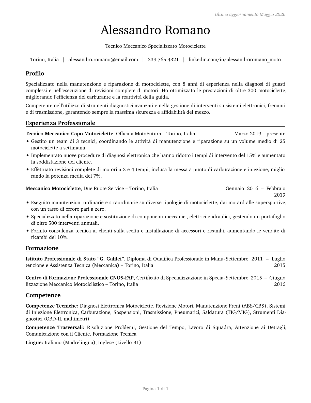 Motorcycle Mechanics CV in Italian — page 1