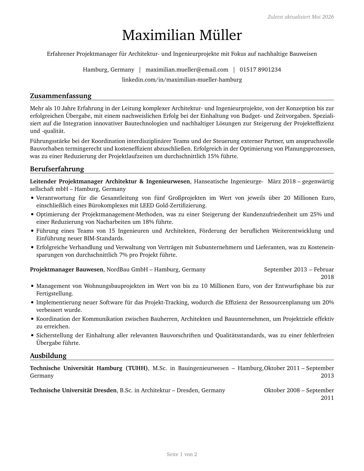 Architectural and Engineering Managers CV in German — page 1