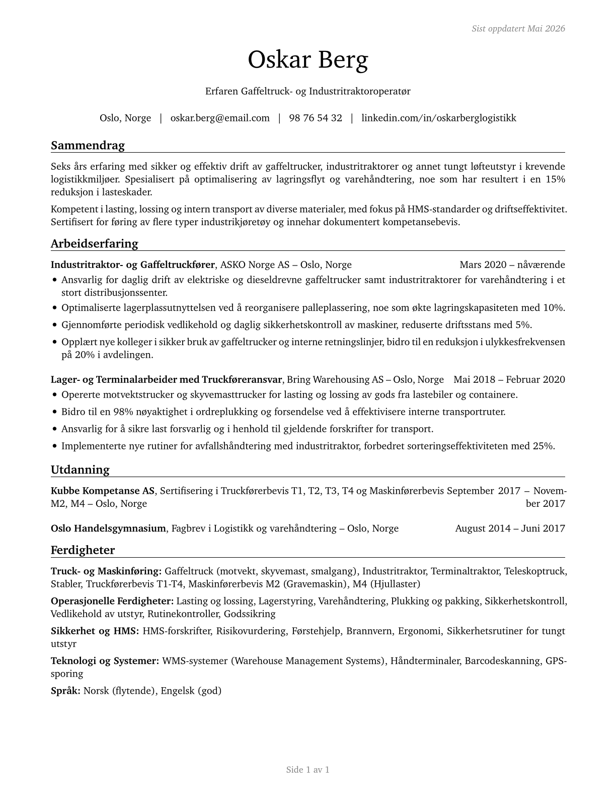 Industrial Truck and Tractor Operators CV in Norwegian_bokmal — page 1