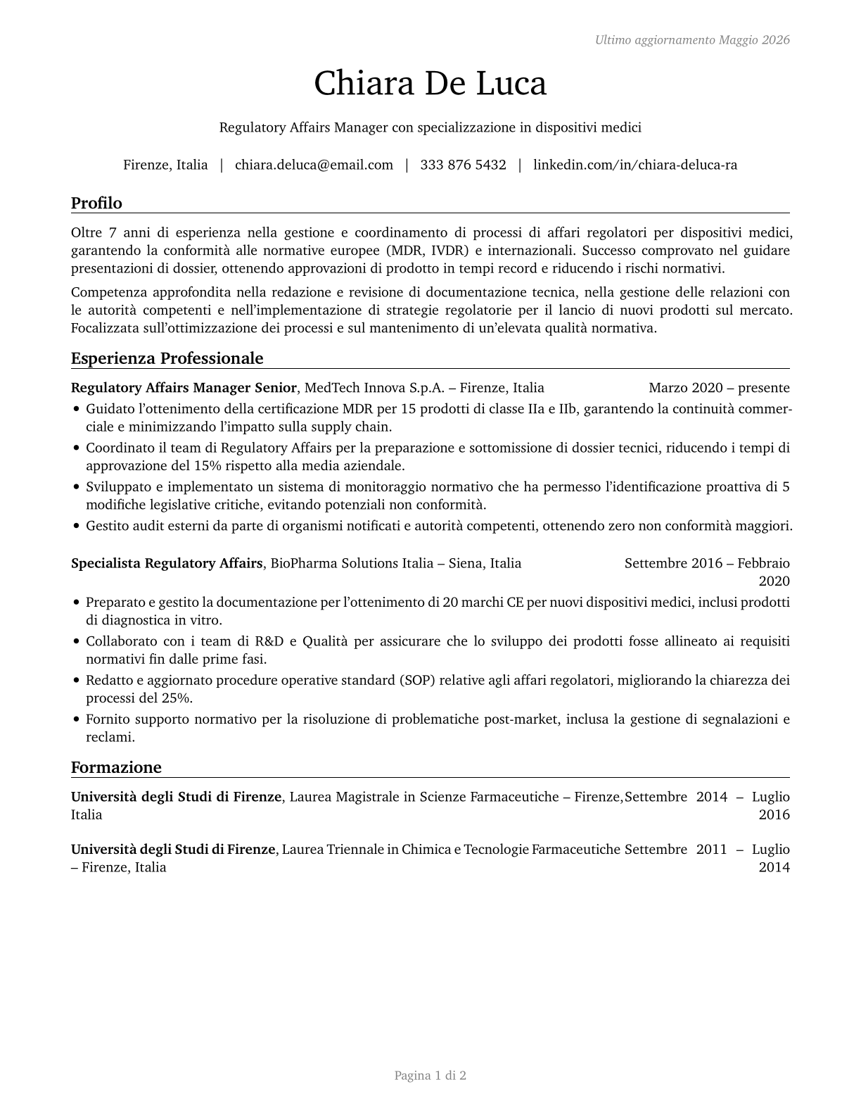 Regulatory Affairs Managers CV in Italian — page 1