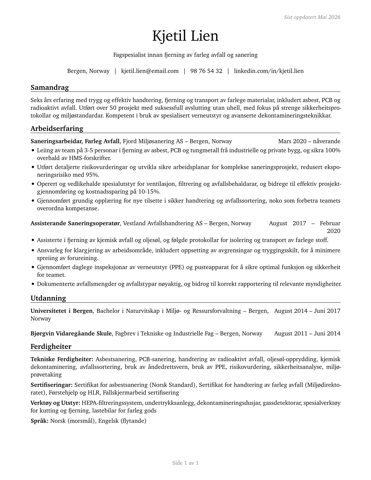Hazardous Materials Removal Workers CV in Norwegian_nynorsk — page 1