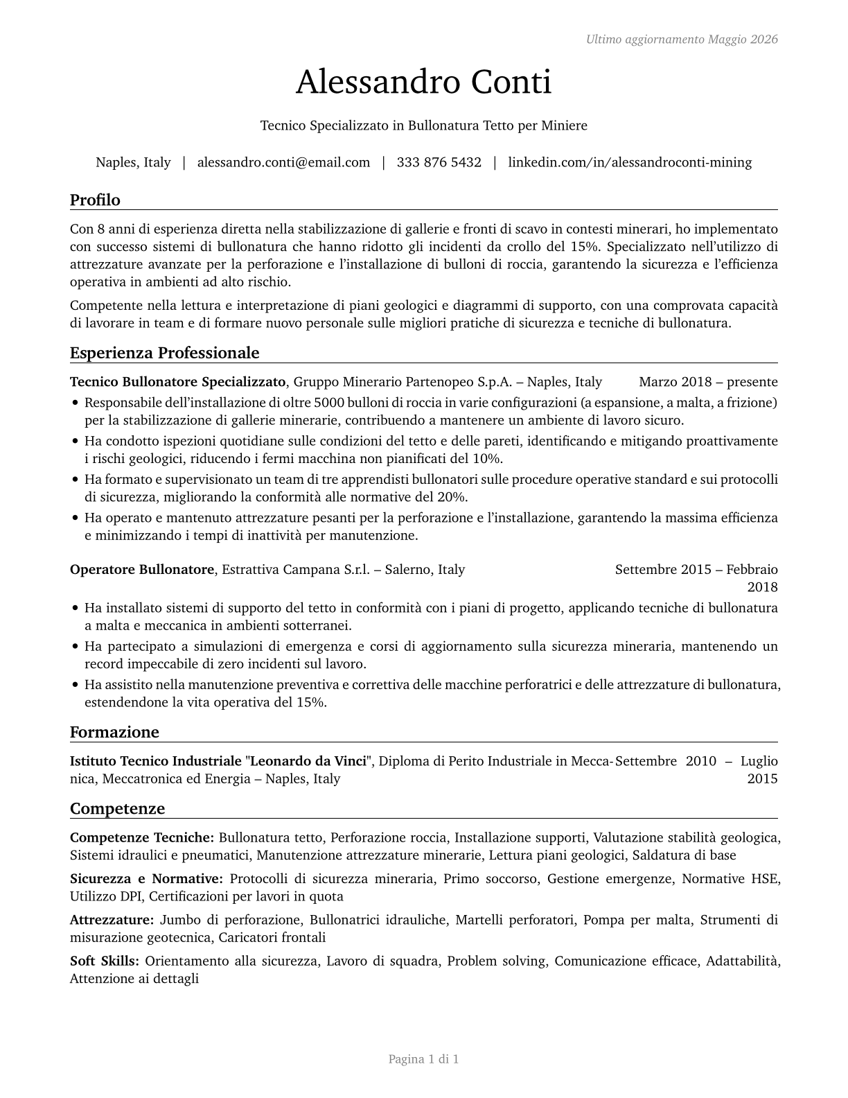 Roof Bolters, Mining CV in Italian — page 1