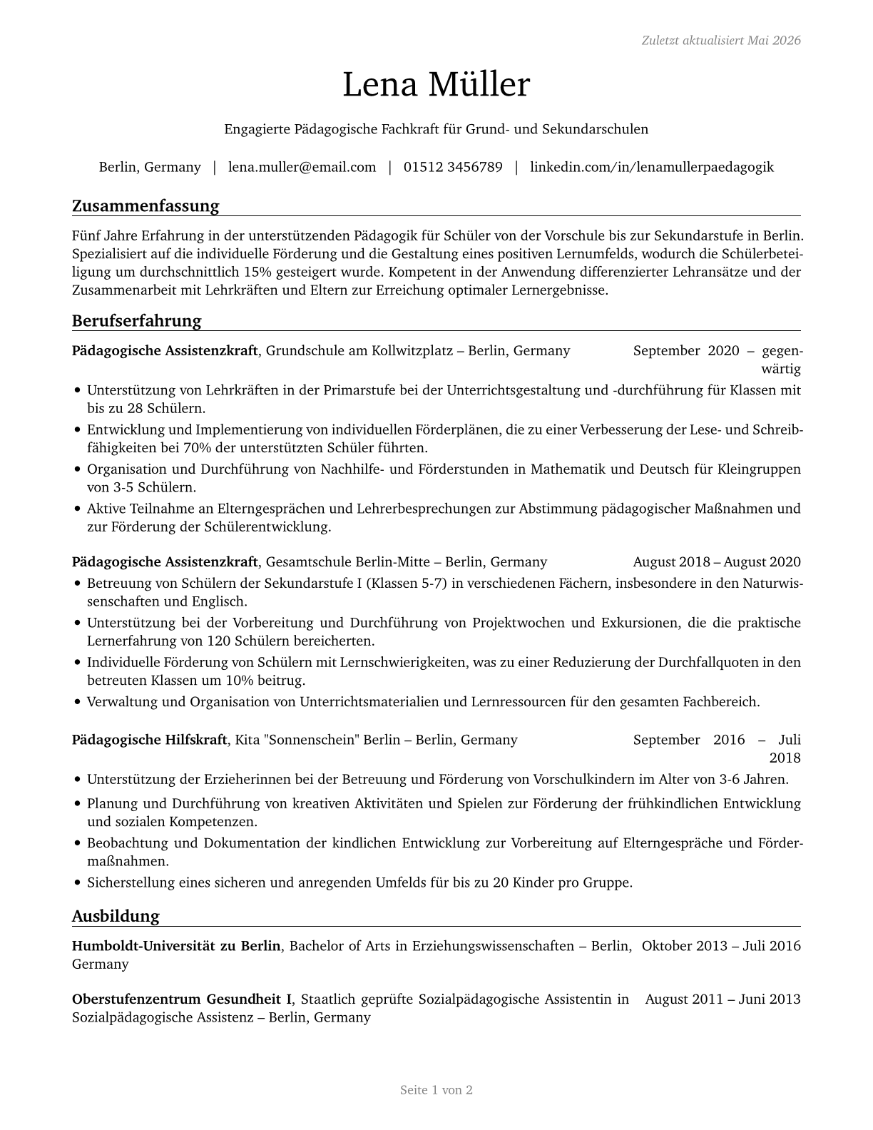 Teaching Assistants, Preschool, Elementary, Middle, and Secondary School, Except Special Education CV in German — page 1