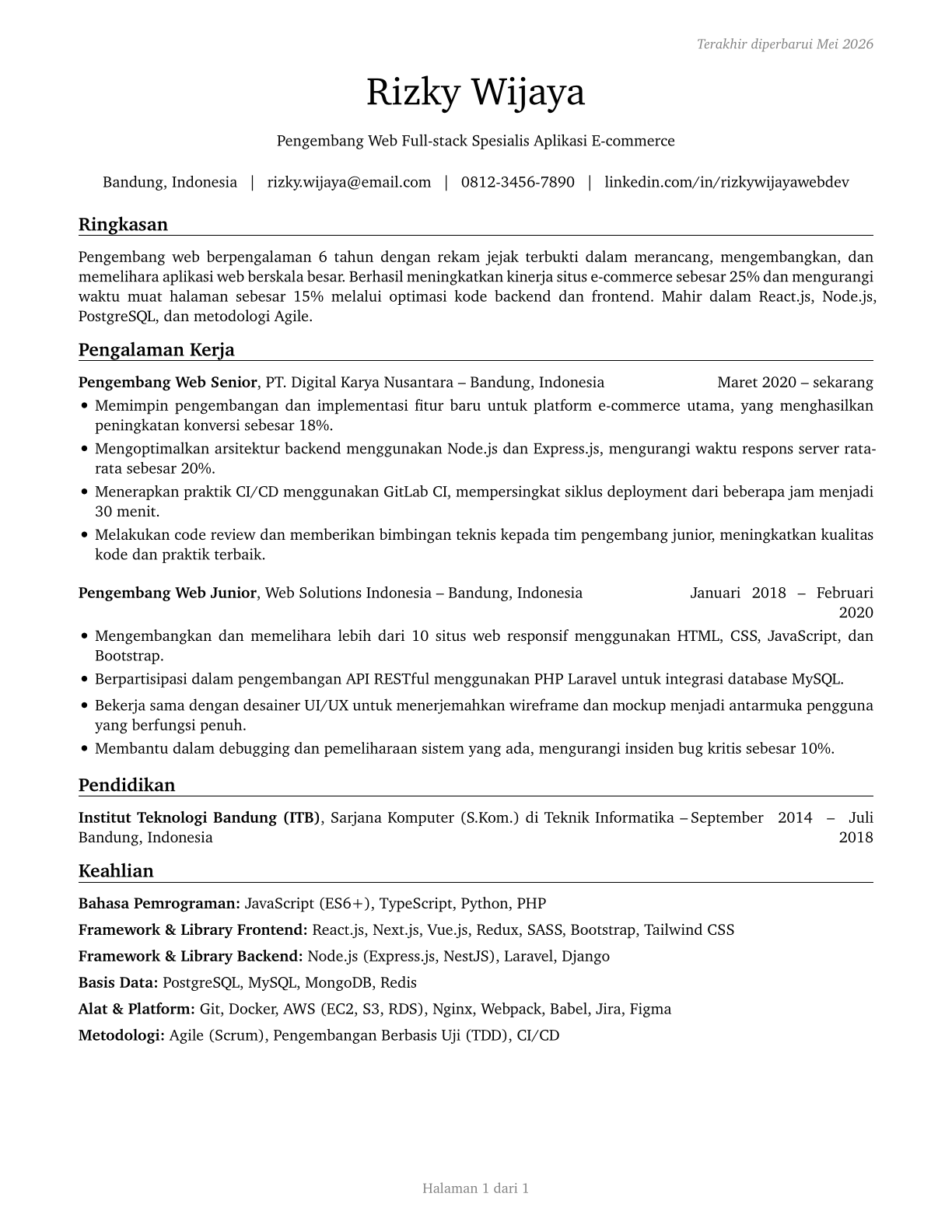 Web Developers CV in Indonesian — page 1