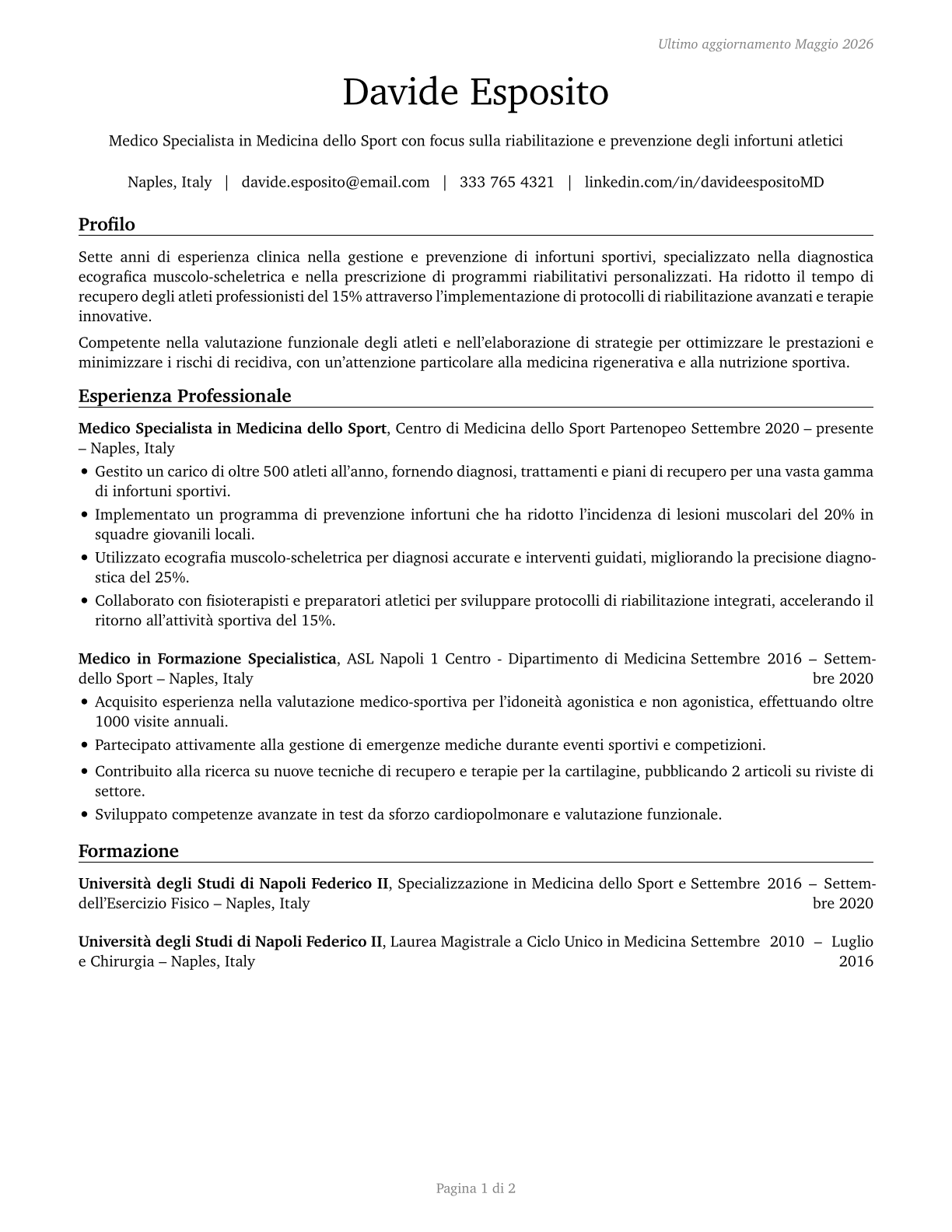 Sports Medicine Physicians CV in Italian — page 1
