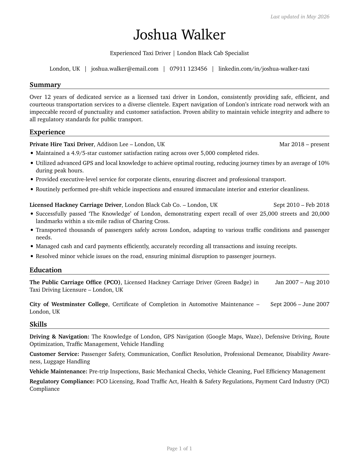 Taxi Drivers CV in English — page 1