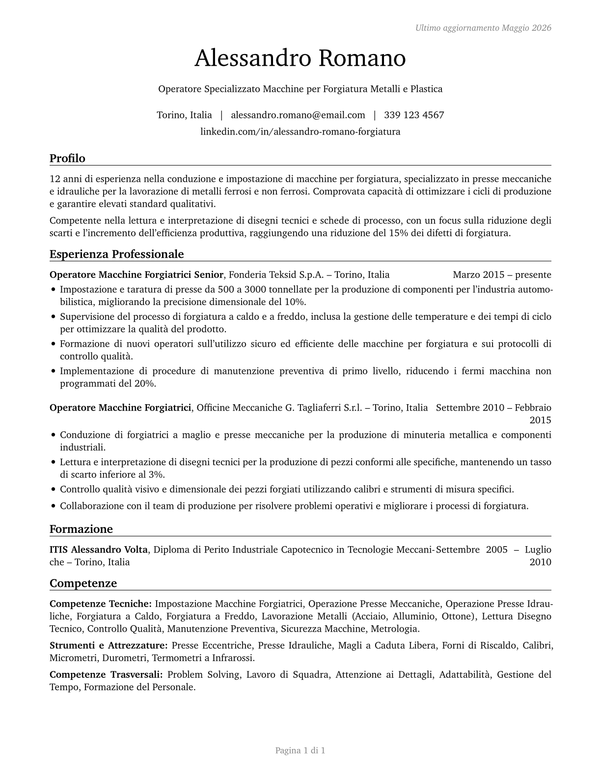 Forging Machine Setters, Operators, and Tenders, Metal and Plastic CV in Italian — page 1