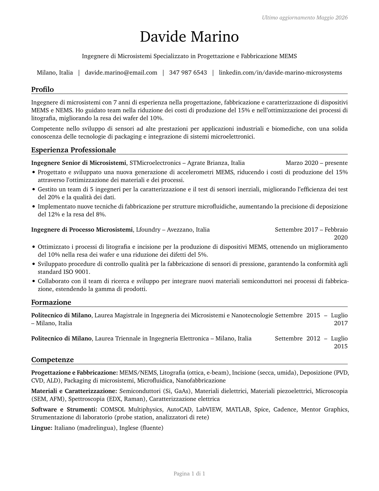 Microsystems Engineers CV in Italian — page 1