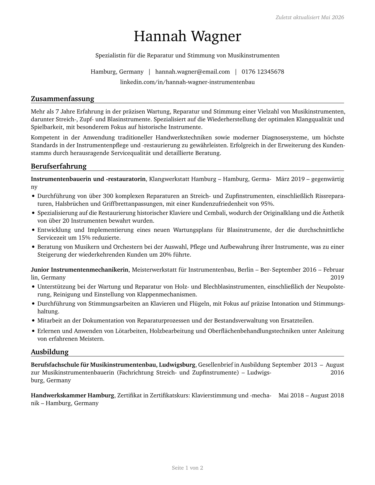 Musical Instrument Repairers and Tuners CV in German — page 1