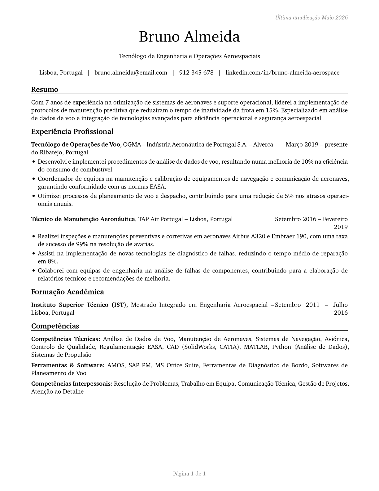 Aerospace Engineering and Operations Technologists and Technicians CV in Portuguese — page 1