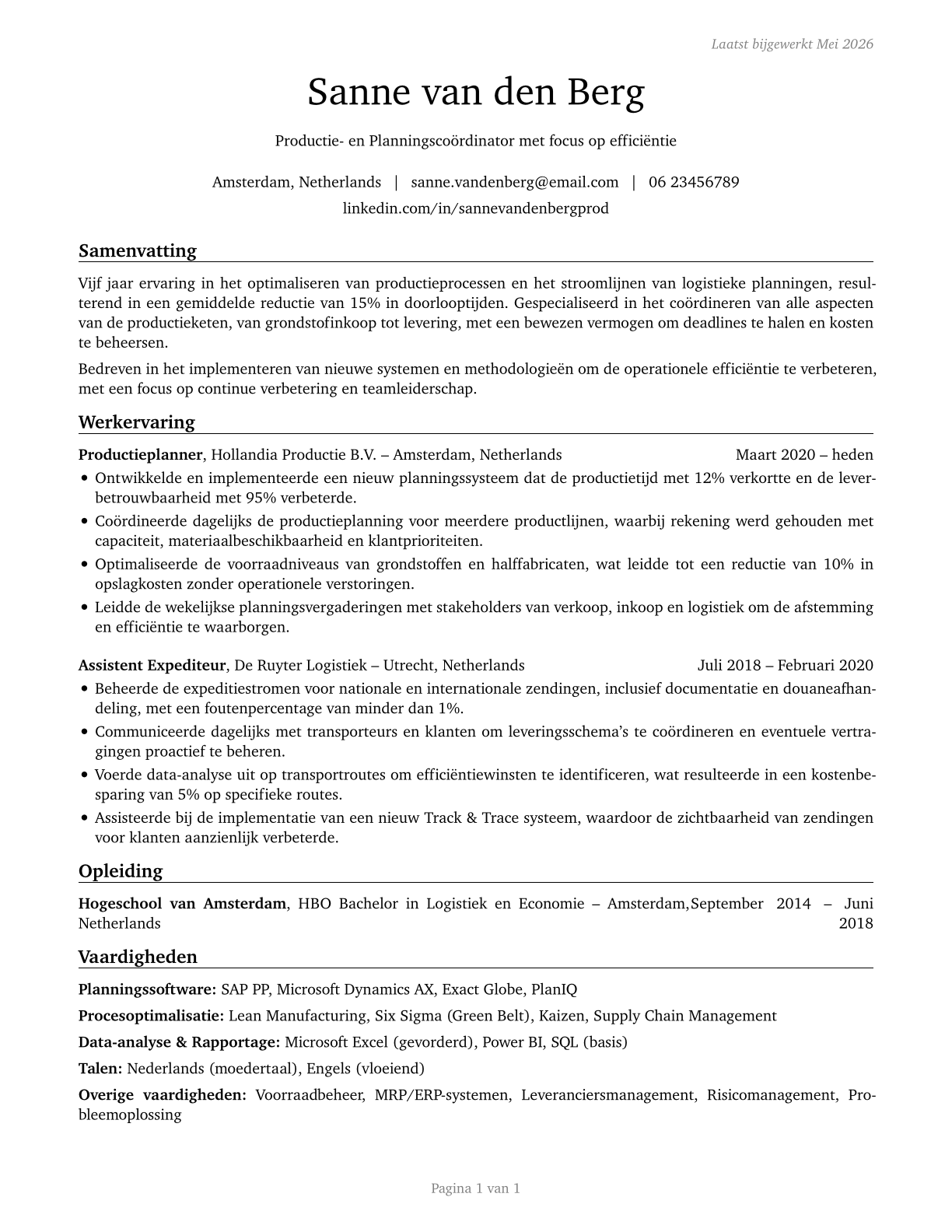 Production, Planning, and Expediting Clerks CV in Dutch — page 1