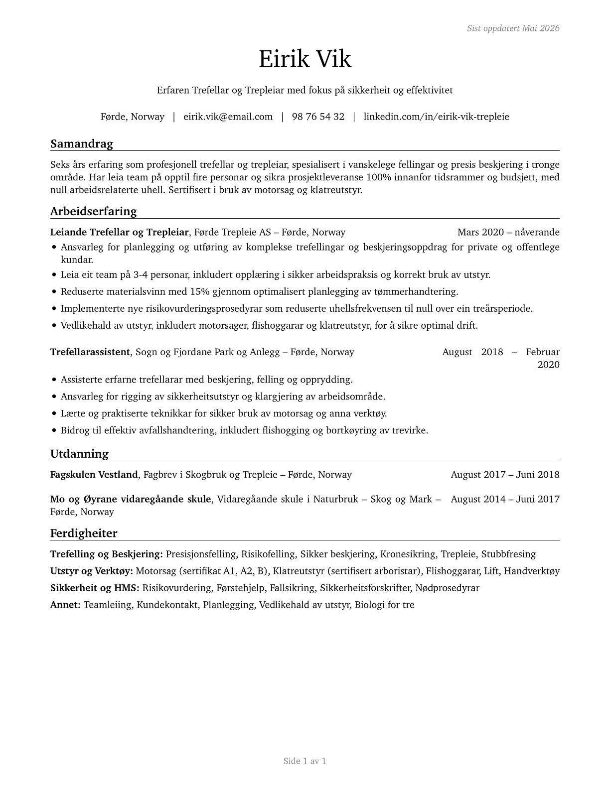 Tree Trimmers and Pruners CV in Norwegian_nynorsk — page 1