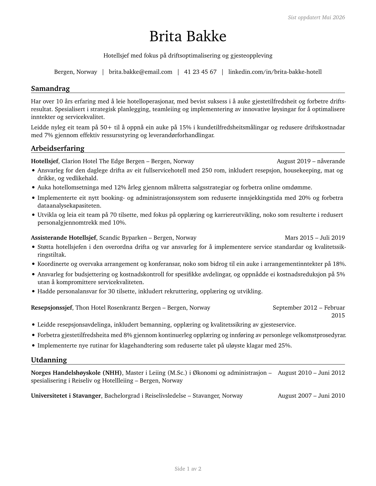 Lodging Managers CV in Norwegian_nynorsk — page 1