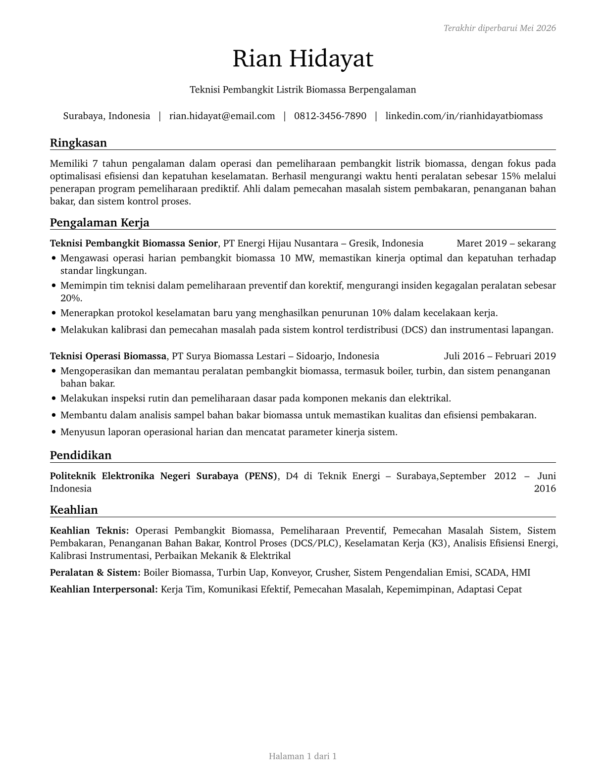 Biomass Plant Technicians CV in Indonesian — page 1