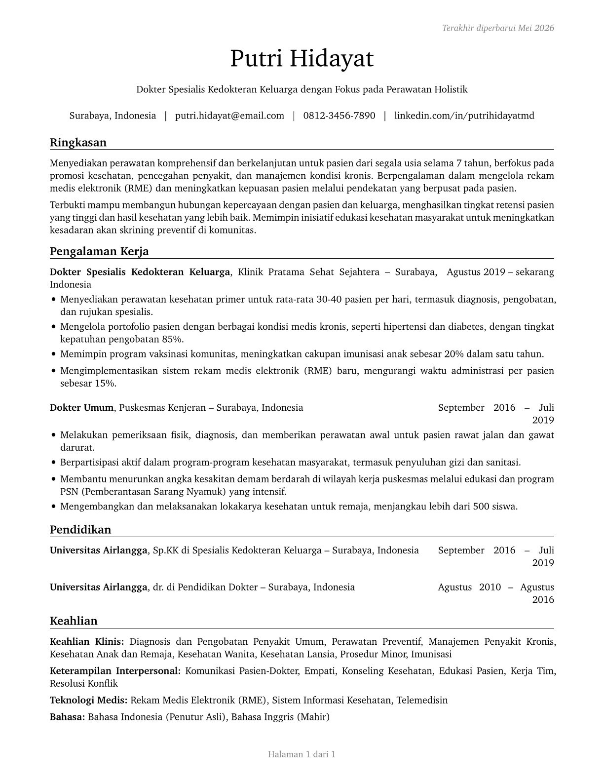Family Medicine Physicians CV in Indonesian — page 1