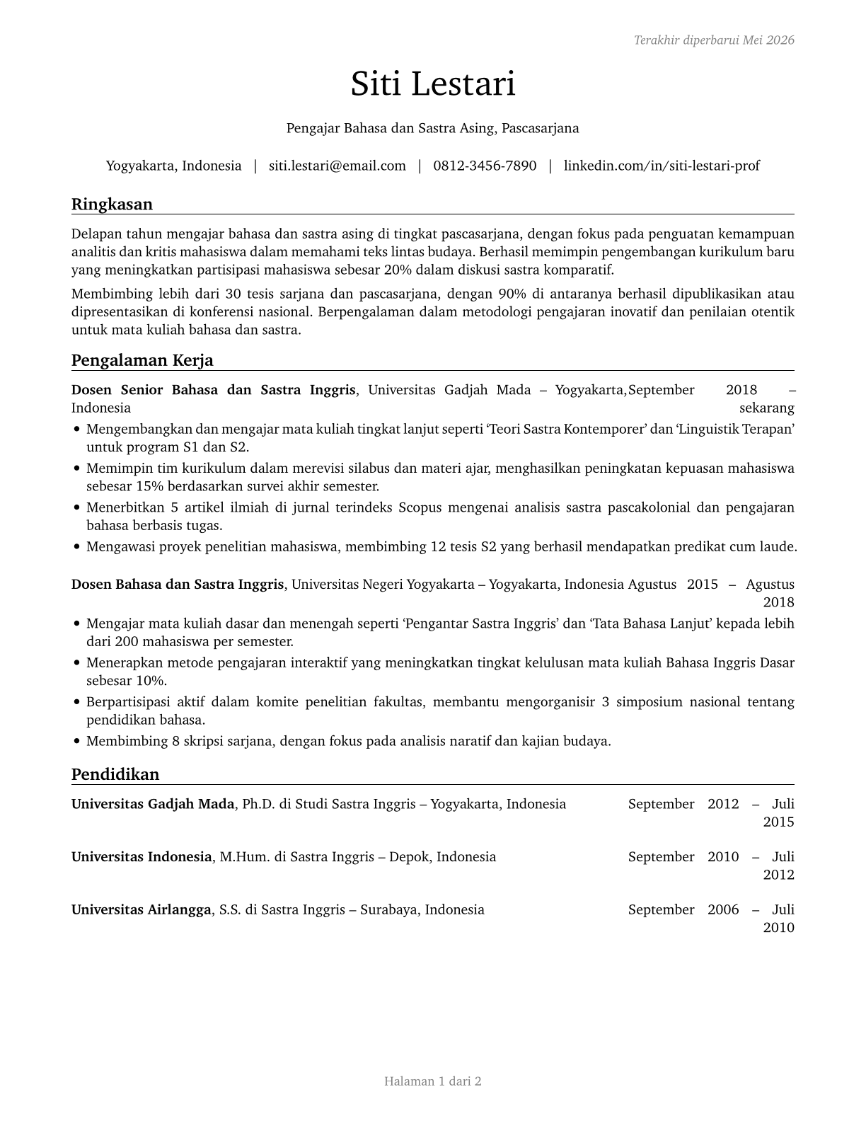 Foreign Language and Literature Teachers, Postsecondary CV in Indonesian — page 1