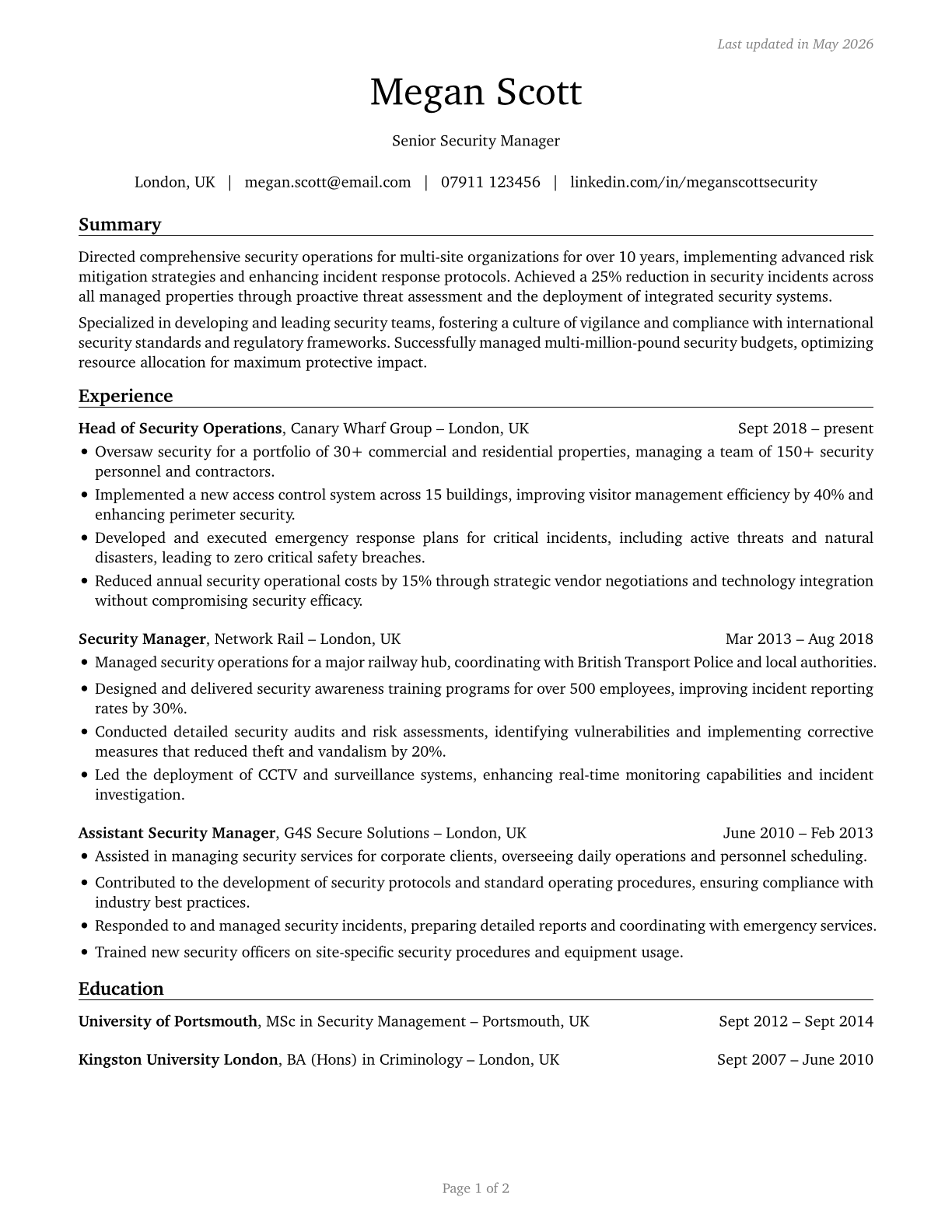 Security Managers CV in English — page 1