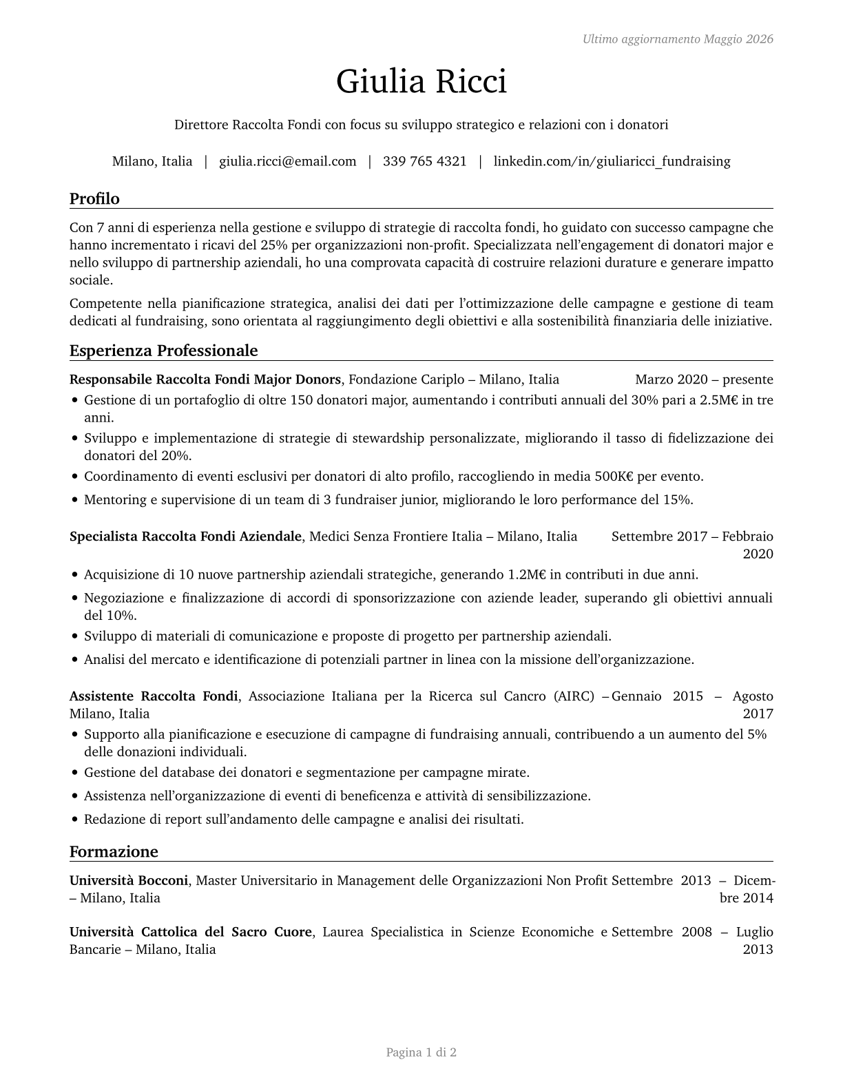 Fundraising Managers CV in Italian — page 1