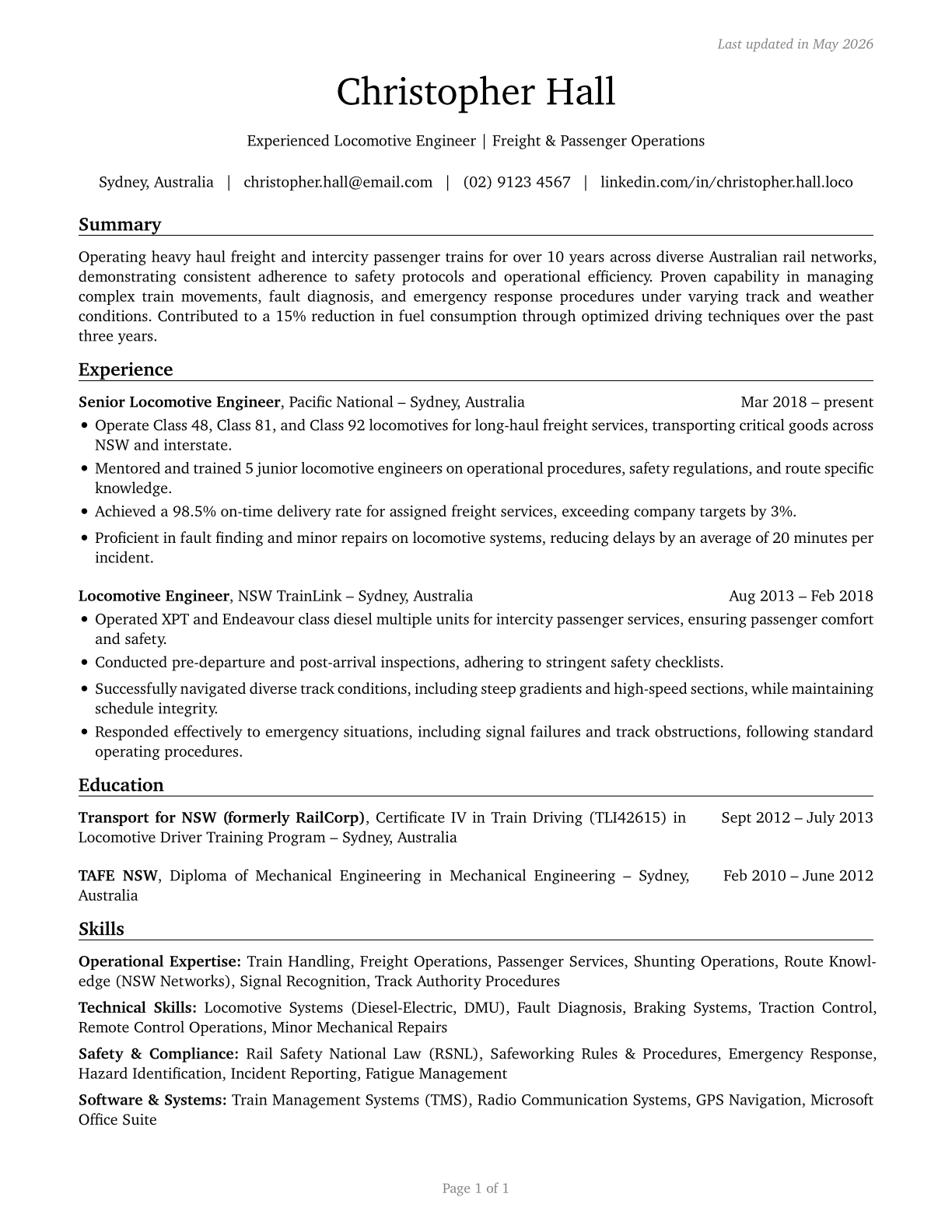 Locomotive Engineers CV in English — page 1