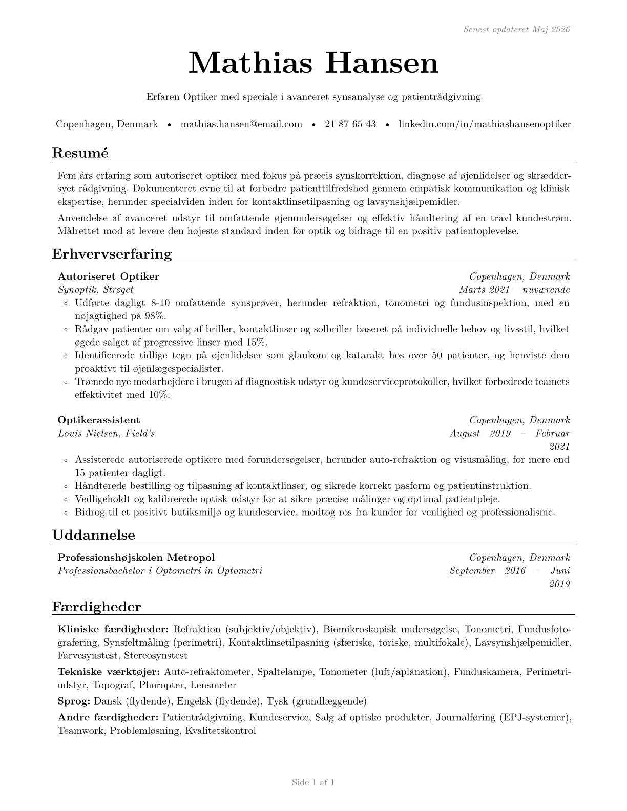 Optometrists CV in Danish — page 1
