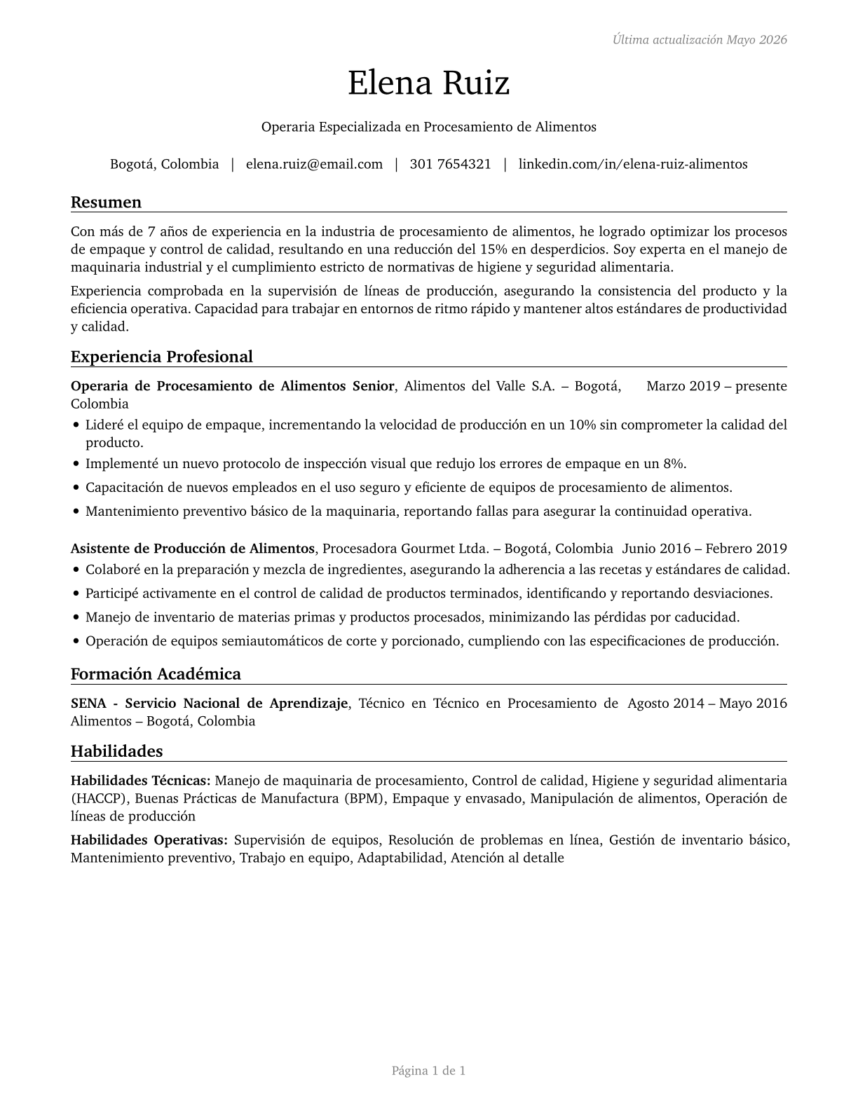 Food Processing Workers, All Other CV in Spanish — page 1