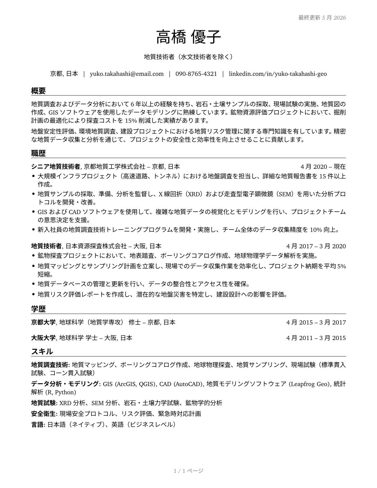 Geological Technicians, Except Hydrologic Technicians CV in Japanese — page 1