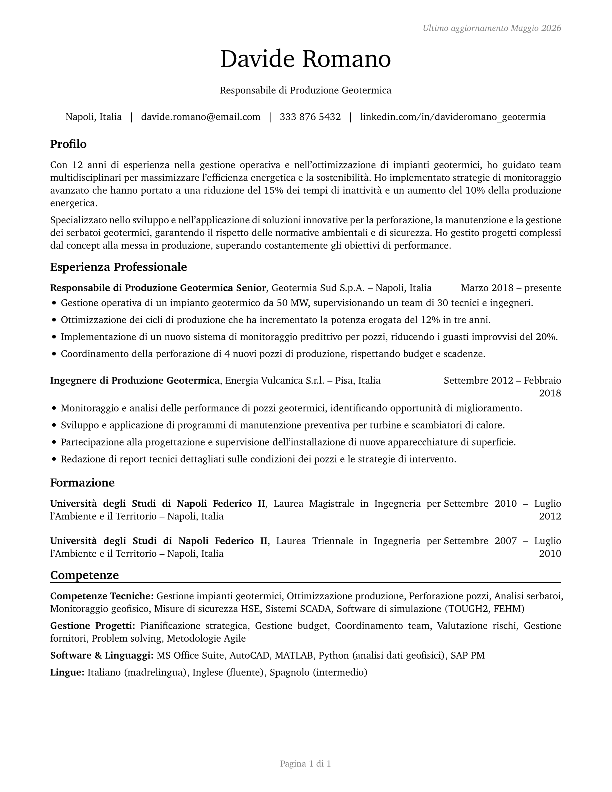 Geothermal Production Managers CV in Italian — page 1