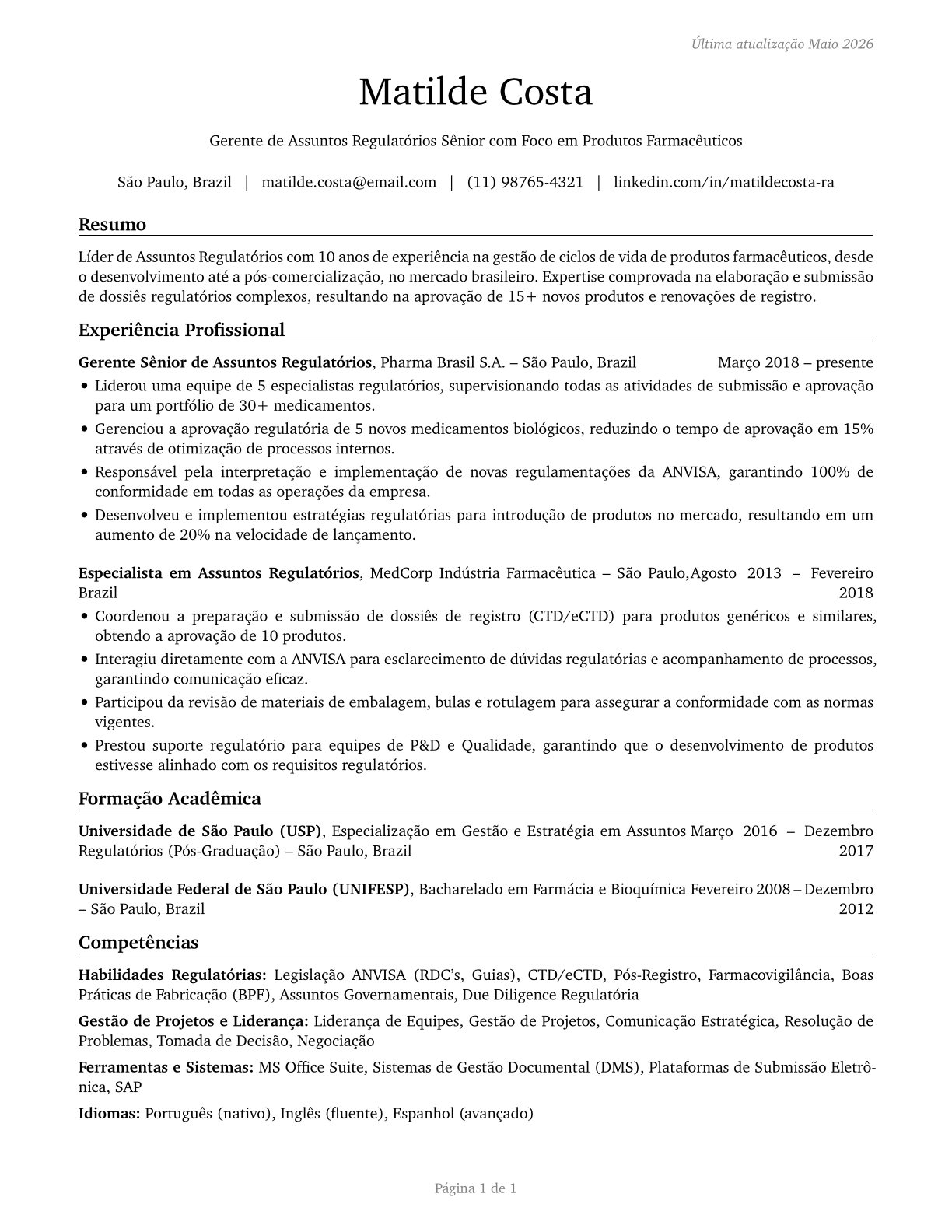 Regulatory Affairs Managers CV in Portuguese — page 1